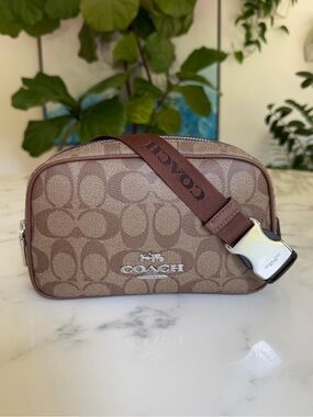 COACH Pace Belt Bag In Signature Canvas Silver Khaki Saddle CR137 Crossbody